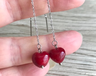 Mini red heart glass earrings Threader steel 304 earrings, Modern jewelry, Minimalistic Earrings, Long earrings, red ear threads