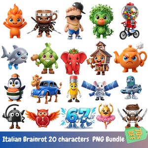 May include: A collection of 20 cartoon characters in a PNG bundle. The characters include a fire-like figure, a ninja coffee cup, a foot with sunglasses, a monkey with leaves for hair, a gumball machine on a bicycle, a shark, a house, and more.