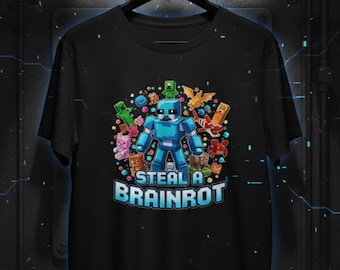 May include: Black t-shirt featuring a blue pixelated character with the text "STEAL A BRAINROT". The design includes various colorful pixelated elements, such as a green creeper, a pink teddy bear, and other game-related graphics.