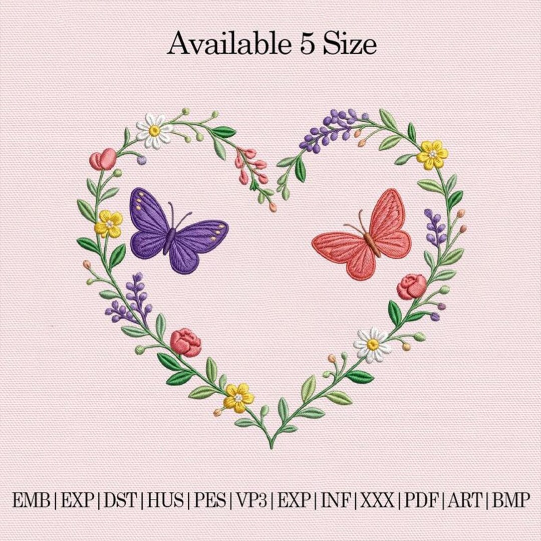 Butterfly Floral Heart Embroidery Design, Butterfly Flower Wreath ...