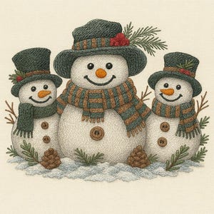 May include: Three snowmen with embroidered details. Each snowman wears a green hat, a striped scarf, and has a carrot nose and button eyes. Pine needles and pinecones are at the base of the snowmen, creating a winter scene.