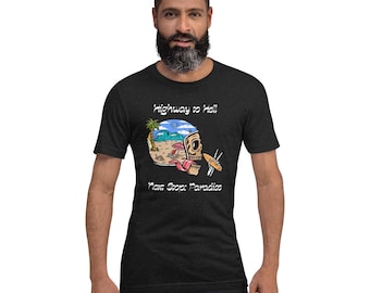 Puede incluir: Camiseta gris oscuro con un gráfico de calavera que contiene una escena de playa. El texto "Highway to Hell" y "Next Stop: Paradise" están arriba y abajo del gráfico. La camiseta es de manga corta.