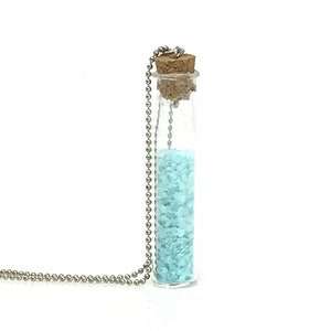 May include: A silver chain necklace with a small glass vial filled with light blue glitter. The vial has a cork stopper.