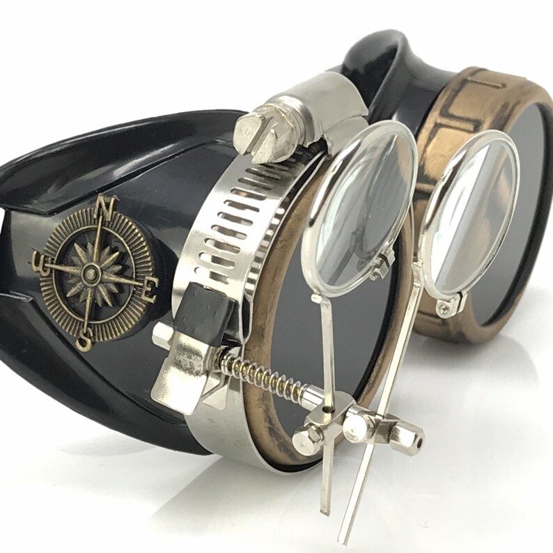 Steampunk Goggles-Rave Glasses Victorian Style with Compass Design, Colored Lenses & Ocular Loupe costume accessory gcg image 6