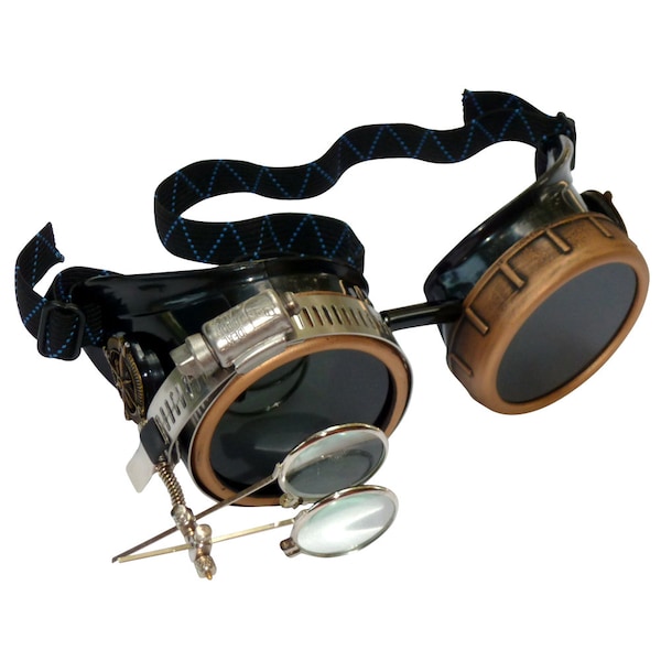 Steampunk Goggles-Rave Glasses Victorian Style with Compass Design, Colored Lenses & Ocular Loupe costume accessory gcg