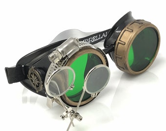 Steampunk Goggles-Rave Glasses Victorian Style with Compass Design, Colored Lenses & Ocular Loupe costume accessory gcg