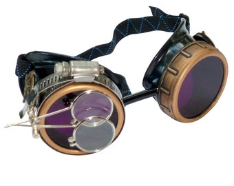 lila Steampunk Goggles-Rave Glasses Victorian Style with Compass Design, Colored Lenses & Ocular Loupe costume accessory