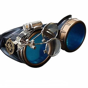 Special Steampunk Goggles-Rave Glasses Victorian Style with Compass Design, Colored Lenses & Ocular Loupe costume accessory