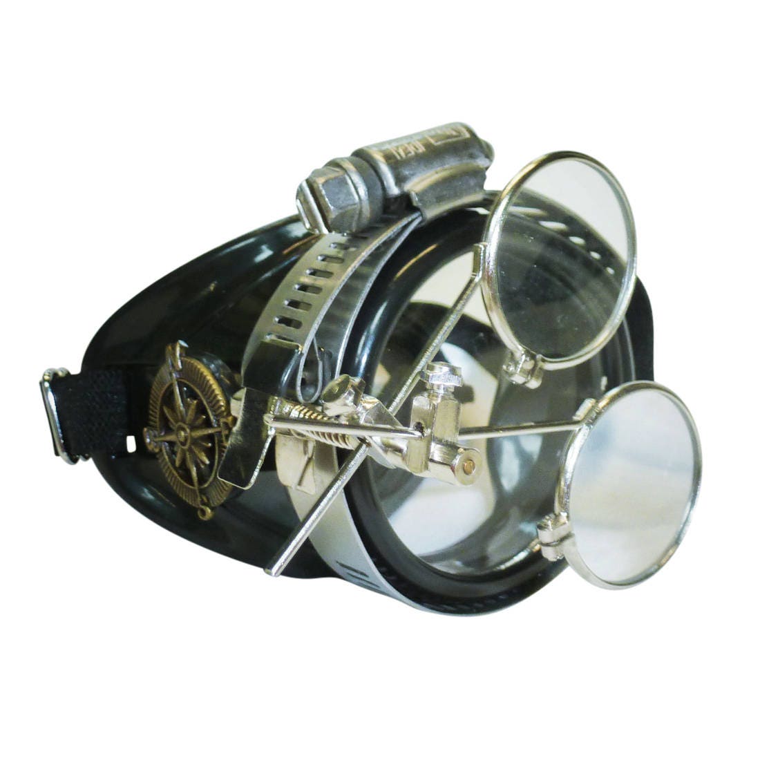 steampunk goggles weathered brass black lenses gold wings target ocular  stainless steel lens