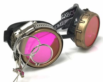 Steampunk Goggles-Rave Glasses Victorian Style with Compass Design, Colored Lenses & Ocular Loupe costume accessory gcg