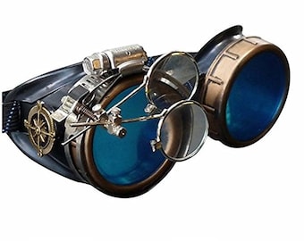 azul 1 x gafas Steampunk-Rave gafas estilo victoriano con diseño de brújula, lentes de color y da lupa traje accesorio gcg