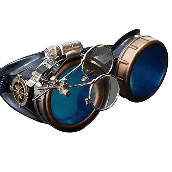 XX Steampunk Goggles-Rave Glasses Victorian Style with Compass Design, Colored Lenses & Ocular Loupe costume accessory gcg