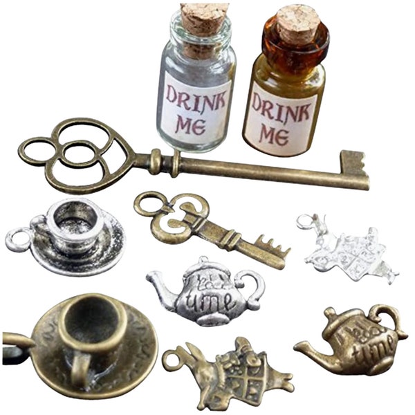 Alice in Wonderland Party favors decoration Supplies, 10pcs jewelry making charms art craft tea pot key rabbit bronze silver drink me bottle