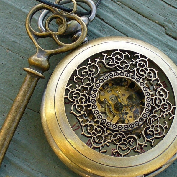 SALE ---- Steampunk  Victoriana SPOOKY pocket watch key NECKLACE Victorian locket pendant charm