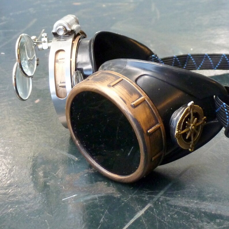 Steampunk Goggles-Rave Glasses Victorian Style with Compass Design, Colored Lenses & Ocular Loupe costume accessory gcg image 10