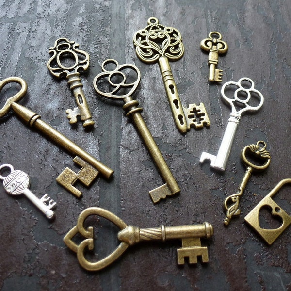 Wholesale Lot 10pcs Steampunk Victorian wholesale antique bronze skeleton key pendant charm necklace Alice in Wonderland 50 jewelry