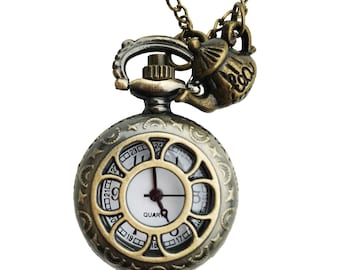 Alice in Wonderland Pocket Watch Necklace, Steampunk Cosplay