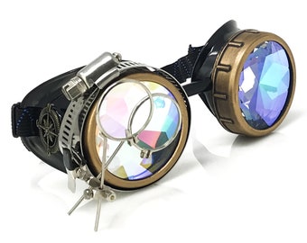 Steampunk Goggles-Rave Glasses Victorian Style with Compass Design, Colored Lenses & Ocular Loupe costume accessory gcg