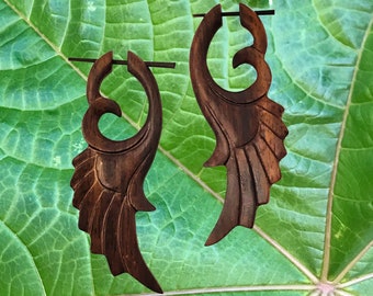 Fake gauge earrings, cool edgy fairy wings bohemian wooden earrings for women, men