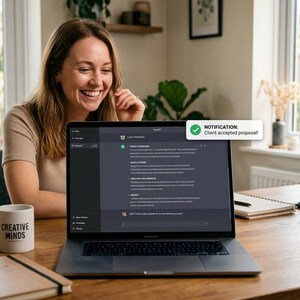 Pode incluir: Uma mulher sorri enquanto olha para um laptop exibindo uma proposta de projeto. Uma notificação diz "Proposta aceita pelo cliente". Uma caneca com "CREATIVE MINDS" está na mesa. Uma planta em vaso e um caderno também são visíveis.