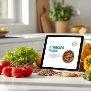 May include: A tablet displaying "AI RECIPE PACK" text and a recipe image, surrounded by fresh produce. Red tomatoes, yellow and red bell peppers, lettuce, and a small white pumpkin are arranged on a white countertop in a kitchen setting.