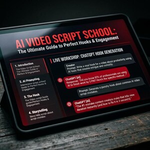 Pode incluir: Um tablet digital exibe o texto "AI VIDEO SCRIPT SCHOOL: The Ultimate Guide to Perfect Hooks & Engagement" em vermelho e branco. A tela mostra um workshop ao vivo sobre geração de ganchos ChatGPT. Um caderno encadernado em couro e uma caneta estão em uma superfície de madeira escura.