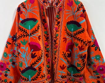 festival wearOrange Velvet Suzani Embroidered Jacket – Handmade Boho Coat
