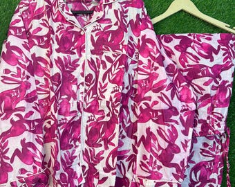 Pink Rabbit Print Cotton Pajama Set Vintage Style Comfortable Women Nightwear