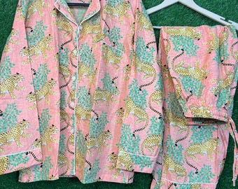 Pink Leopard Print Pajama Set – Cotton Lounge Wear, Safari Sleepwear, Matching Set