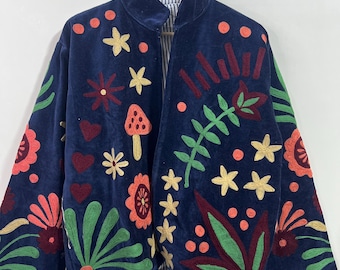 Vintage Velvet Embroidered Floral Jacket – Handmade Boho Folk Statement Coat