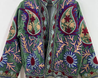Green Velvet Suzani Jacket – Embroidered Boho Coat | Gift for her