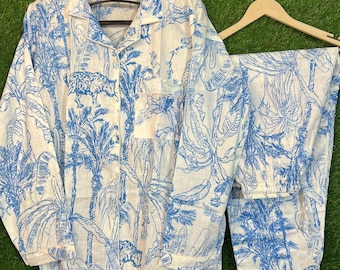 Blue Toile Print Cotton Pajama Set, Handcrafted Lounge Wear, Relaxed Pants Set