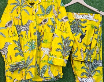 Handgefertigt Gelb Dschungel Print Baumwolle Pyjama Set Weich Bequeme Nachtwäsche Loungewear Geschenk Damen Stilvoll