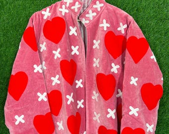 Handmade Pink Velvet Heart Suzani Jacket, Statement Coat, Romantic Outfit