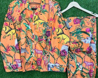 Jungle Print Cotton Co-Ord Set, Women’s Lounge Wear, Shirt Pants Set, Vacation Outfit