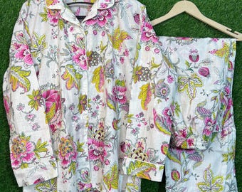 Floral Cotton Night Suit Set, Hand Block Print Pajama, Women Sleepwear Set