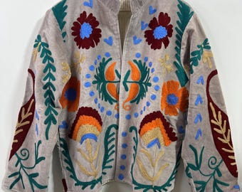 Boho Embroidered Velvet Jacket – Handmade Floral Folk Art Jacket, Festival Wear, Gift for Her