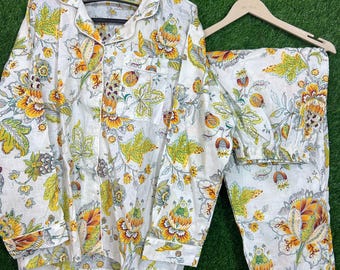 Handmade Floral Cotton Pajama Set Lightweight Summer Sleepwear Button Down Top Lounge Set Comfortable