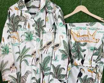 Handgemaakte katoenen pyjamaset met jungleprint dames comfortabele zomerloungewear combiset