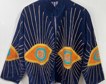 Vintage Velvet Evil Eye Jacket – Hand Embroidered Boho Statement Coat, Mystical Folk Outerwear