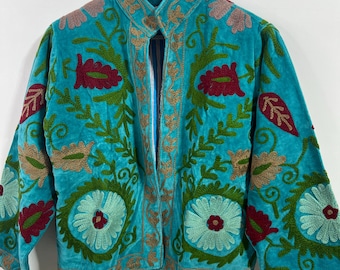 festival wearTurquoise Velvet Suzani Jacket – Handmade Floral Embroidered Boho Coat