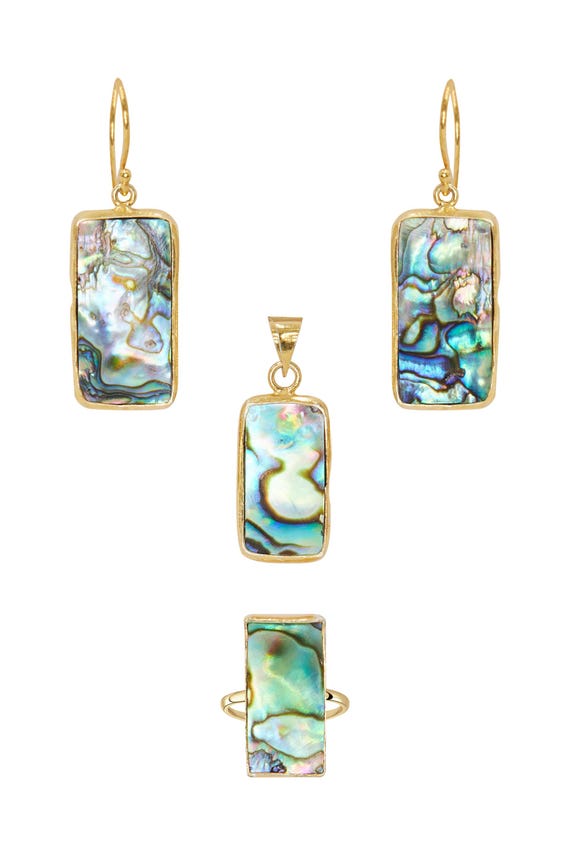 Gold Glass Crystal Lined Necklace Earrings and Watch Set Abalone Shell Bold Abalone Shell Pendant Set – Gold Plated Necklace & Earrings  main image 4