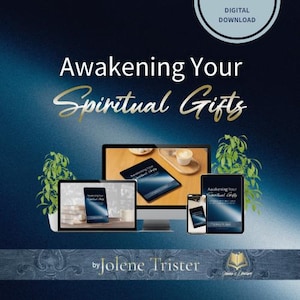 Puede incluir: Gráfico de descarga digital con el texto "Awakening Your Spiritual Gifts". La imagen muestra una computadora portátil, una computadora de escritorio, una tableta y un teléfono inteligente que muestran la misma portada de libro. El fondo es un degradado azul oscuro.