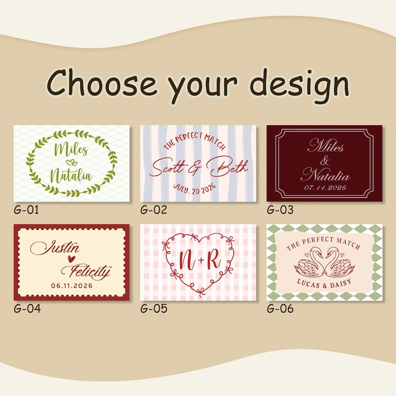 Op de afbeelding: Een selectie van zes trouwkaartontwerpen. Elk ontwerp bevat namen en data, met decoratieve elementen zoals harten, bloemenkransen en een ruitpatroon. De tekst "Choose your design" staat bovenaan.