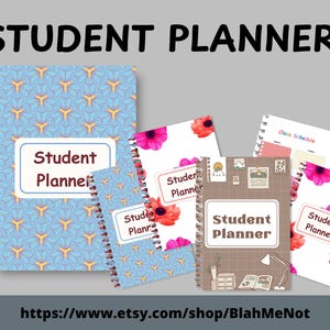 Op de afbeelding: Een verzameling studentenplanners met spiraalbinding. De planners hebben bloemen- en geometrische patronen in blauw, roze en bruin. De tekst "Student Planner" is zichtbaar op de covers. De afbeelding bevat ook de tekst "STUDENT PLANNER" en een websiteadres.