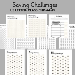Op de afbeelding: Een verzameling afdrukbare spaaruitdagingen, waaronder 100 enveloppen, €5, €1 en €15 uitdagingen, en een spaarpot tracker. De pagina's zijn wit met zwarte tekst en illustraties, ontworpen voor financiële planning.