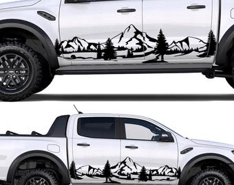 Set Car Van Camper Adventure Mountains Graphics Both Sides Decals. Mountains Forest Trees adhesives, Color Stripes Adhesives Offroad Trucks