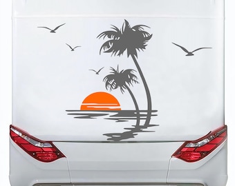 Set Sticker Sunset in the sea with Palm trees Graphic Decals | Camper Van Caravan Decoration Decals Kit | Motorhome Side Rear Adhesive Vinyl
