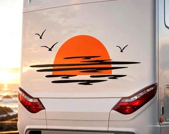 Set Caravan Sunset Among Clouds and Birds Graphic Decals | Camper Van Caravan Car Decoration Decals Kit | Motorhome Side Rear Adhesive Vinyl