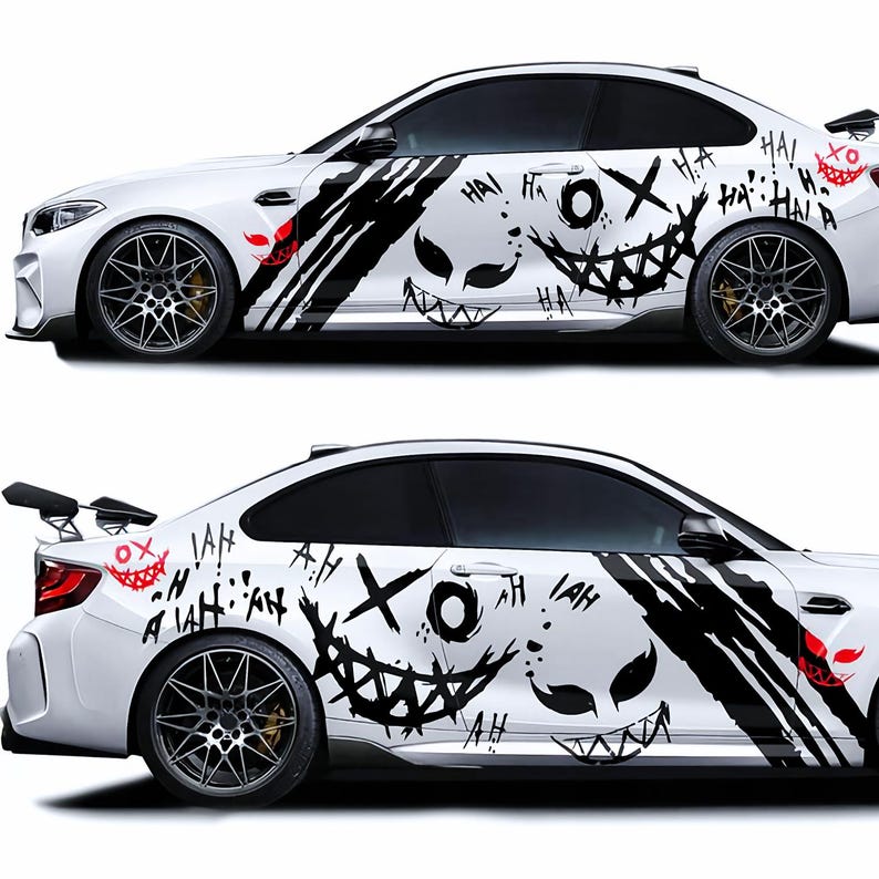 Set 2 Pcs JDM Decals Joker Car Sticker Graphics Both Sides Sports Style Scary Ahahah Pattern Accessories Wrap Vinyl Decals | Funny Graphics Black
